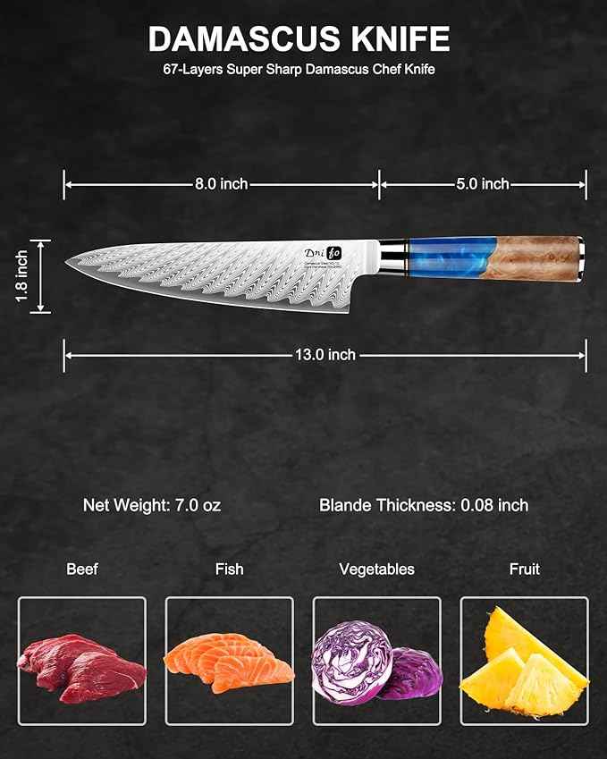 Damascus Chef Knife 8 Inch, Japanese Handcrafted Sharp Kitchen Knife with 67-Layer Damascus Steel & VG10 Core, Blue Resin & Natural Birch Wood Handle, Ideal Gift for You & Your Beloved