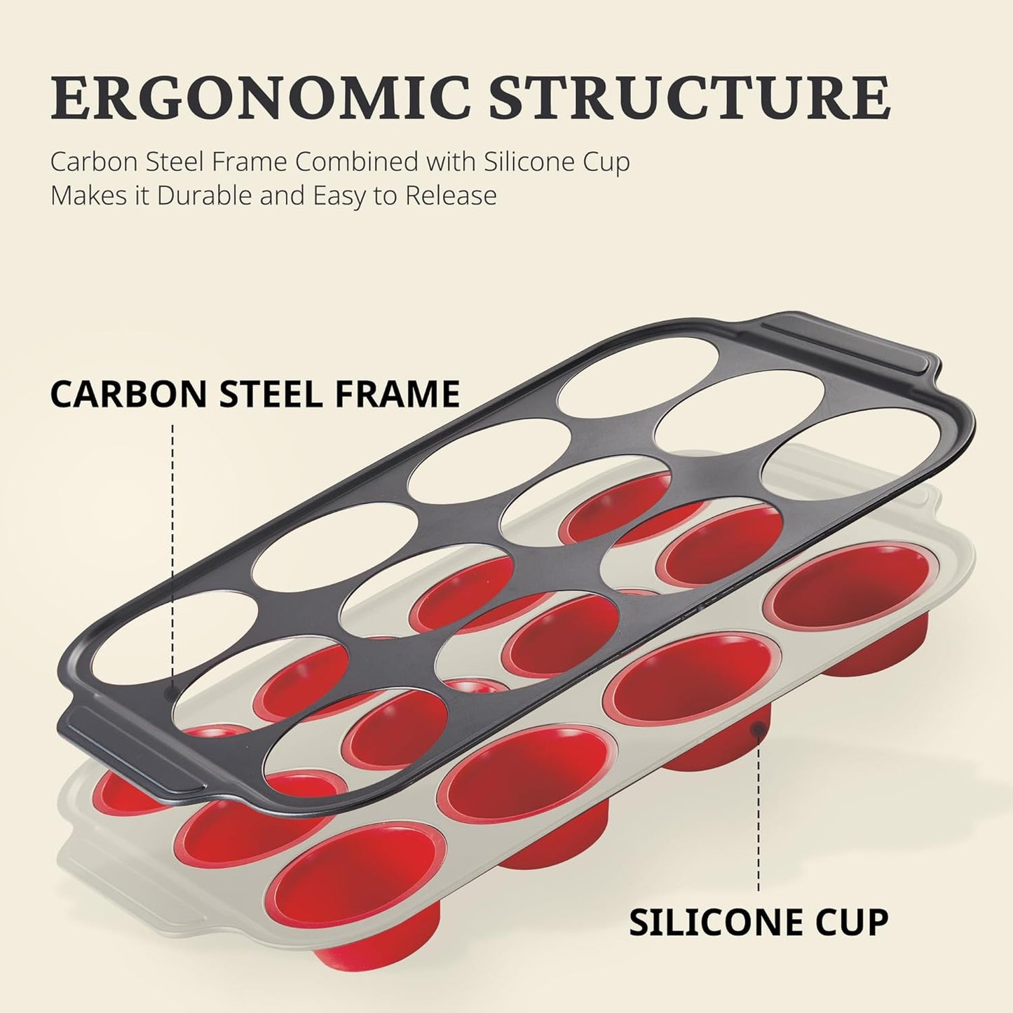 BRONYPRO Silicone Muffin Pans for Baking with Metal Frame, Egg Bite Molds, Cupcake Pans 12 Regular Size, Muffin Tins Easy to Pop Nonstick Non Toxic Bakeware for Oven, Red