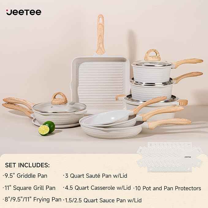 JEETEE 23pcs Pots and Pans Set Non Stick, White Cookware Sets for Kitchen, w/Frying Pans, Saucepans, Sauté & Griddle & Crepe Pan, Induction Cooking Pots (PFOA/PFAS Free)
