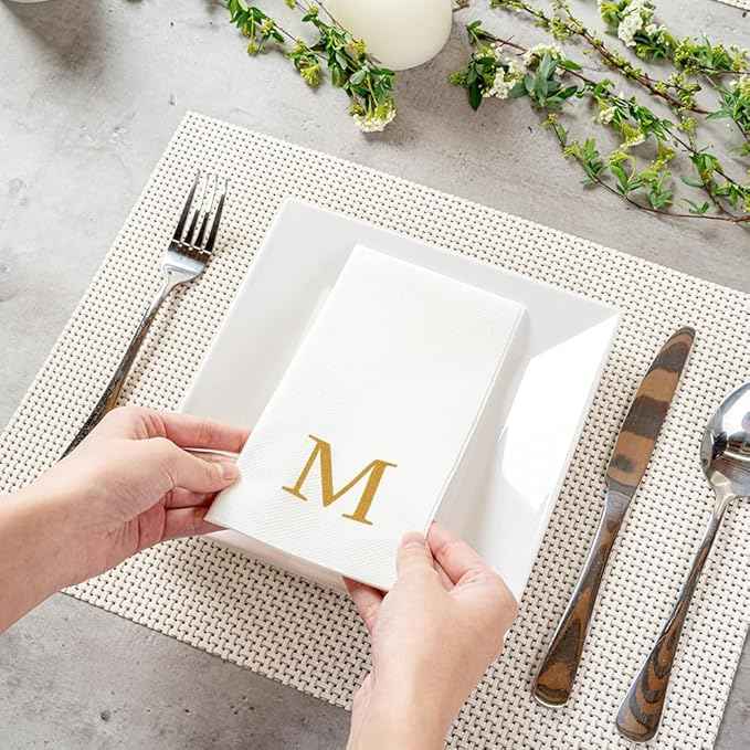 Luxenap 15.8 X 7.9 Inch Linen-Feel Guest Towels, 50 Lettered Hand Towels - Gold Letter 'M', Sans Serif Font, White Paper Dinner Napkins, airlaid, For Restrooms And Tables