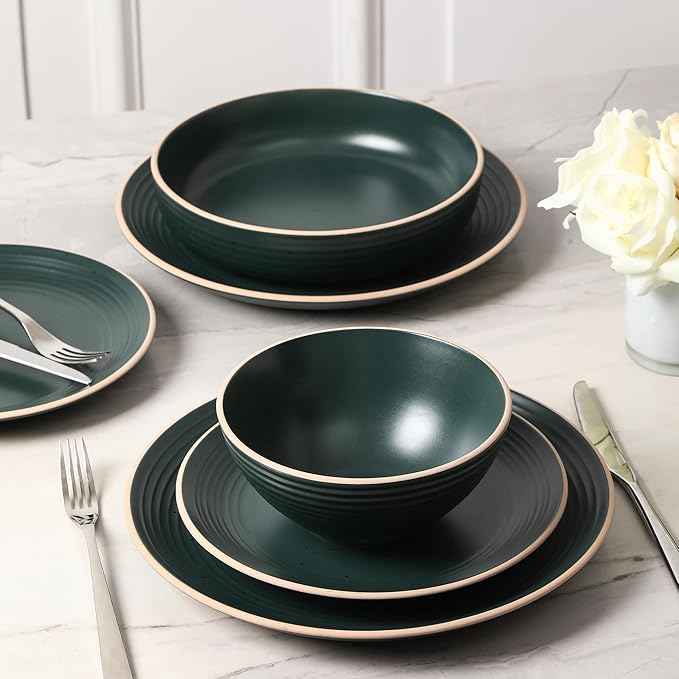 Stone Lain Lauren Modern Stoneware 32-piece Round Dinnerware Set, Plates and Bowls Set, Dish set for 8, Dark Green