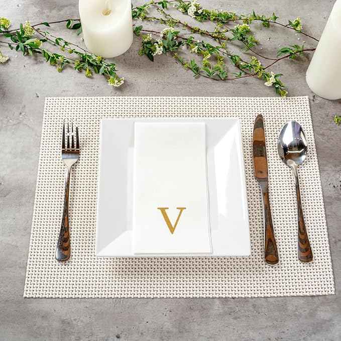 Luxenap 15.8 X 7.9 Inch Linen-Feel Guest Towels, 2000 Lettered Hand Towels - Gold Letter 'V', Sans Serif Font, White Paper Dinner Napkins, airlaid, For Restrooms And Tables