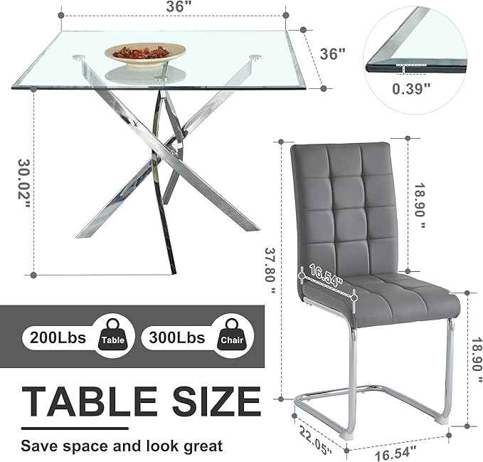 AF ARTISAN FURNITURE 5 Piece Square Glass Dining Table Set, Silver Glass Kitchen Table Set for 4 Modern Table Set with 4 Grey PU Upholstered Dining Chairs, for Small Space, Breakfast Nook