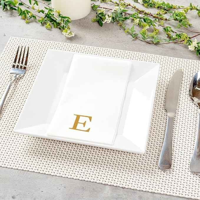 Luxenap 15.8 X 7.9 Inch Linen-Feel Guest Towels, 2000 Lettered Hand Towels - Gold Letter 'E', Sans Serif Font, White Paper Dinner Napkins, airlaid, For Restrooms And Tables - Restaurantware