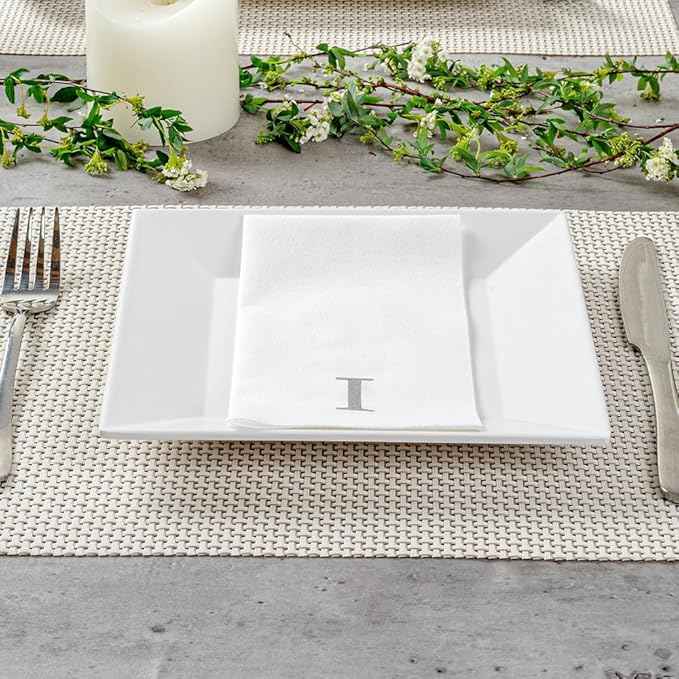 Luxenap 15.8 X 7.9 Inch Linen-Feel Guest Towels, 50 Lettered Hand Towels - Silver Letter 'I', Sans Serif Font, White Paper Dinner Napkins, airlaid, For Restrooms And Tables - Restaurantware