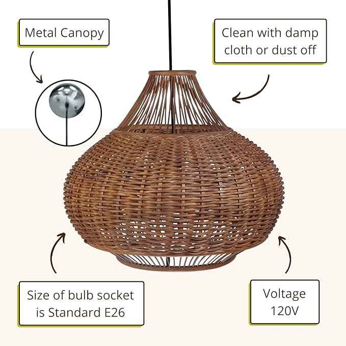 KOUBOO Wicker Pear Pendant Lamp Wicker & Bamboo Ball Pendant Light - Hanging Lamp for Kitchen, Bedroom, Dining Room, 18 inches x 15 inches, Brown