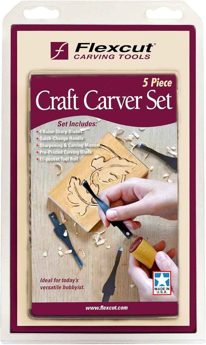 FLEXCUT Wood Carving Tools, 5 Piece Craft Carver Set, Includes 4 Carving Blades and Ergonomic ABS Handle, Plus Carving Blank and 11-Pocket Tool Roll, SK106, Made in the U.S.A.