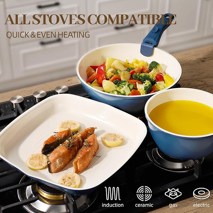 23Pcs Ceramic Cookware Set Non Stick Pots and Pans Set Non Toxic with Detachable Handle Induction Kitchen Cookware Set Space Saving, Oven & Dishwasher Safe, Navy