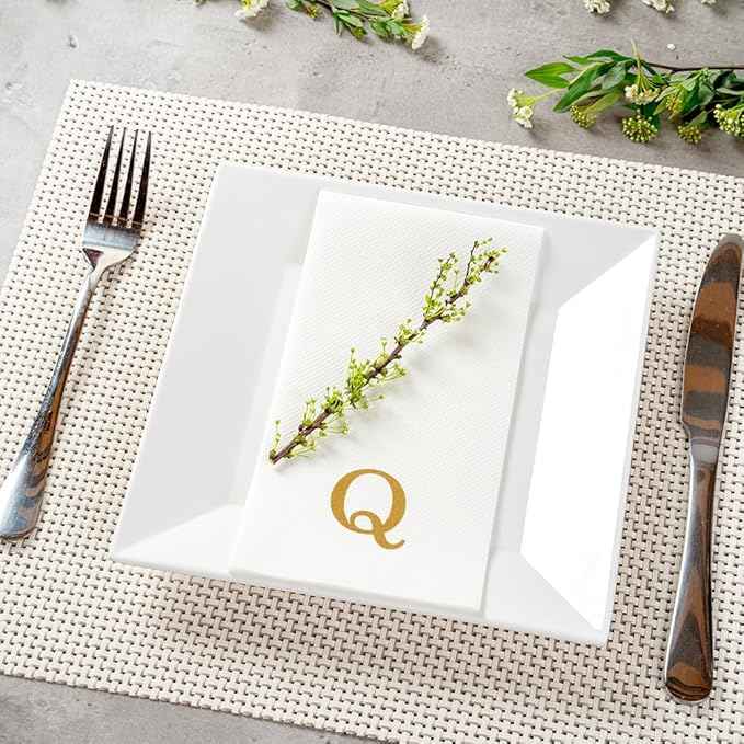Luxenap 15.8 X 7.9 Inch Linen-Feel Guest Towels, 50 Lettered Hand Towels - Gold Letter 'Q', Sans Serif Font, White Paper Dinner Napkins, airlaid, For Restrooms And Tables