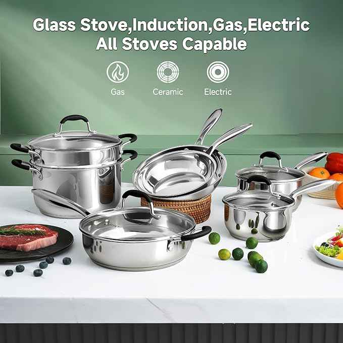 Stainless Steel Kitchen Cookware Set,11 Piece Pots and Pans Set with Steamer,Heat-resistant Handle,Non-Toxic,Induction,Oven,Dishwasher Safe
