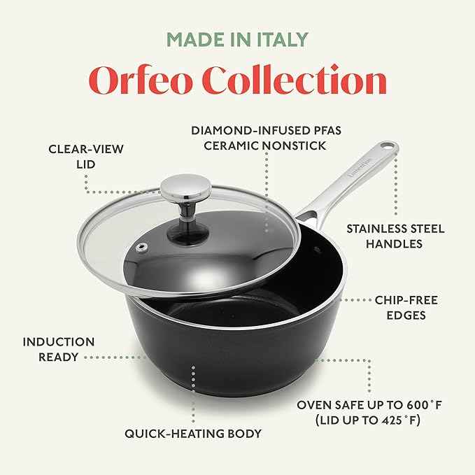 Orfeo 2.4QT Nonstick Saucepan with Lid, Made in Italy, Diamond Ceramic PFAS-Free Cookware, Induction Ready, Scratch Resistant, Laser-Fused Surface for Durability, Dishwasher Safe, Black