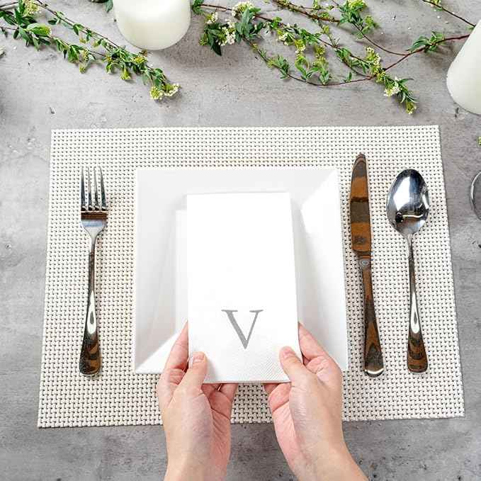 Luxenap 15.8 X 7.9 Inch Linen-Feel Guest Towels, 2000 Lettered Hand Towels - Silver Letter 'V', Sans Serif Font, White Paper Dinner Napkins, airlaid, For Restrooms And Tables - Restaurantware