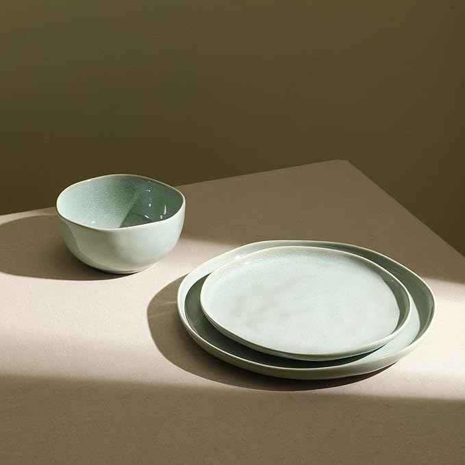Stone Lain Mirella 12-Piece Stoneware Dinnerware Set for 4 – Reactive Glaze Light Green – Includes Dinner Plates, Salad Plates & Deep Bowls – Organic Modern Design, Microwave & Dishwasher Safe