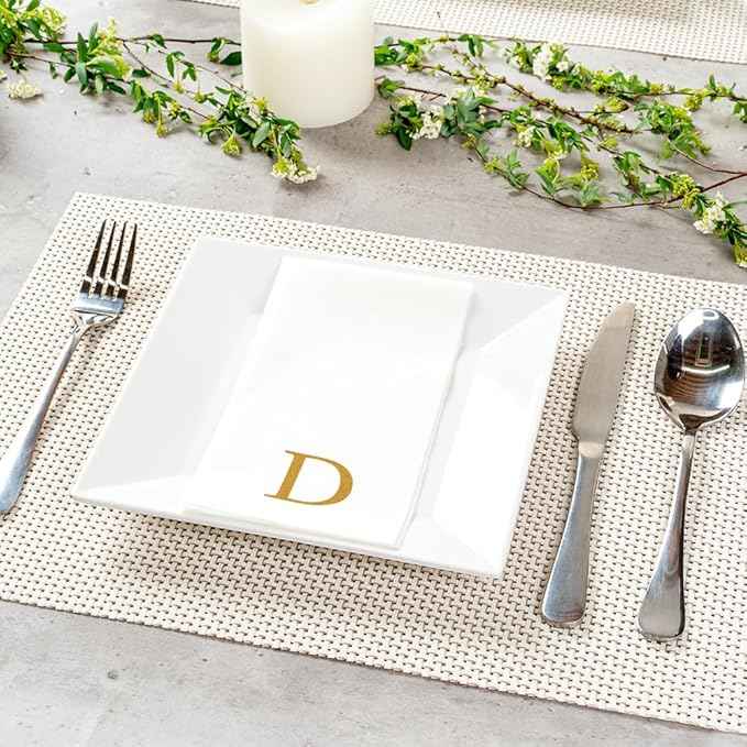 Luxenap 15.8 X 7.9 Inch Linen-Feel Guest Towels, 50 Lettered Hand Towels - Gold Letter 'D', Sans Serif Font, White Paper Dinner Napkins, airlaid, For Restrooms And Tables - Restaurantware