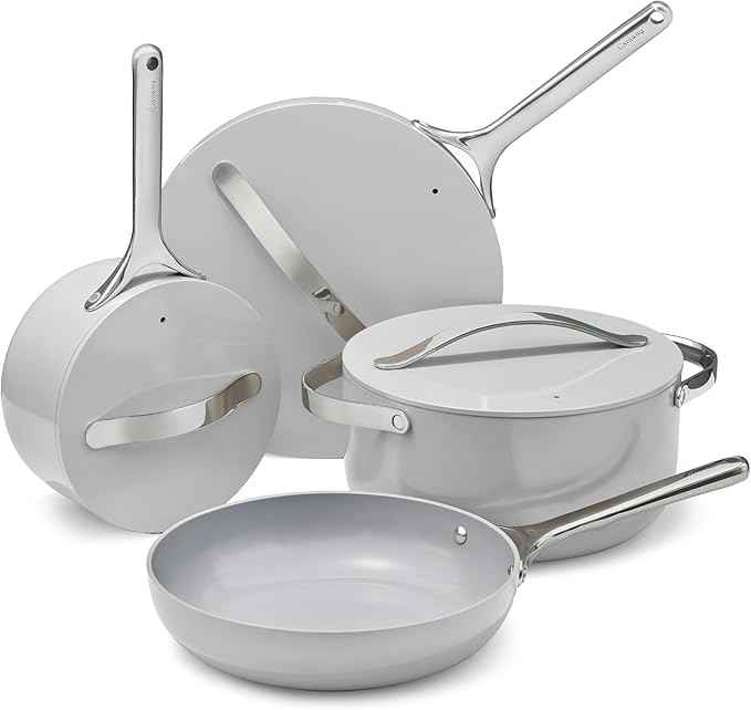Caraway Non-stick Ceramic Cookware Set (12 Piece) Pots, Pans, Lids and Kitchen Storage - PFAS & PFOA Free - Oven Safe Pan Set & Compatible with All Stovetops - Gray