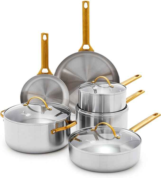 GreenPan Stainless Steel Tri-Ply Reserve 10 Piece Cookware Pots and Pans Set, Multiclad, Induction, Oven & Broiler Safe to 600°F, Heat Responsive Core, Dishwasher Safe, Glass Lids