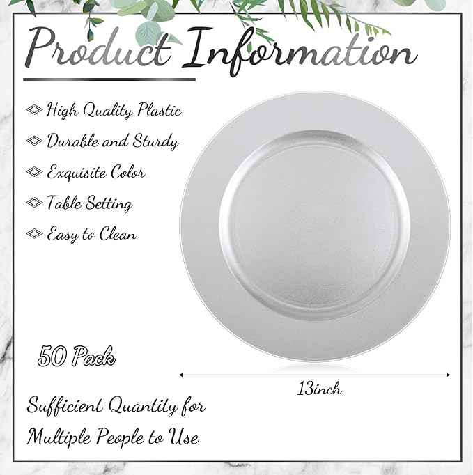 Tanlade 50 Pcs 13 Inch Charger Plates Bulk Round Wedding Chargers Plastic Dinner Plates for Table Setting Wedding Party Decoration (Silver White)