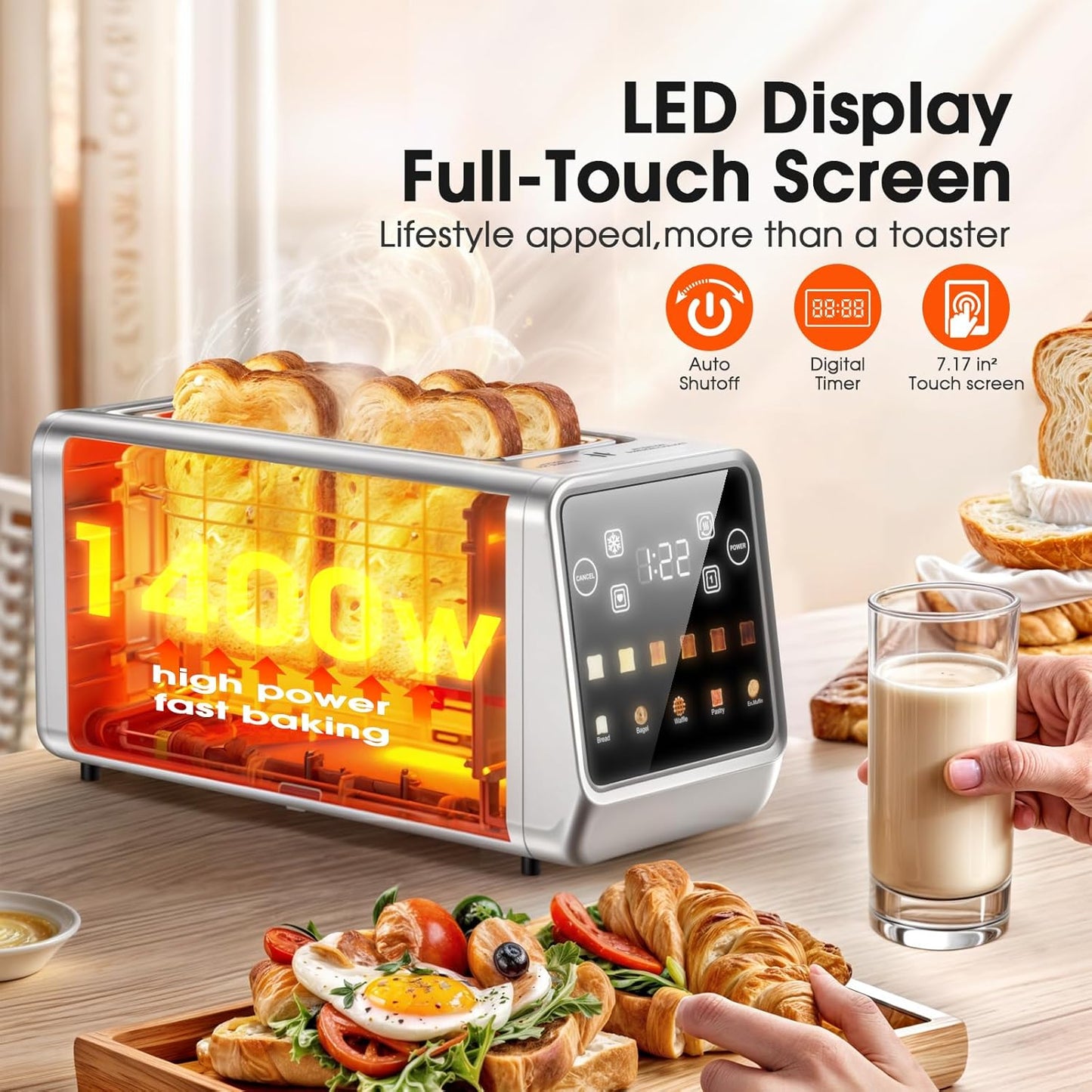 4-Slice Smart Toaster with Touch Screen | 1400W Fast Even Toast & Stainless Steel | 2x1.5" Extra-Wide Slots for Bagels | Memory Function, 6 Shade Settings