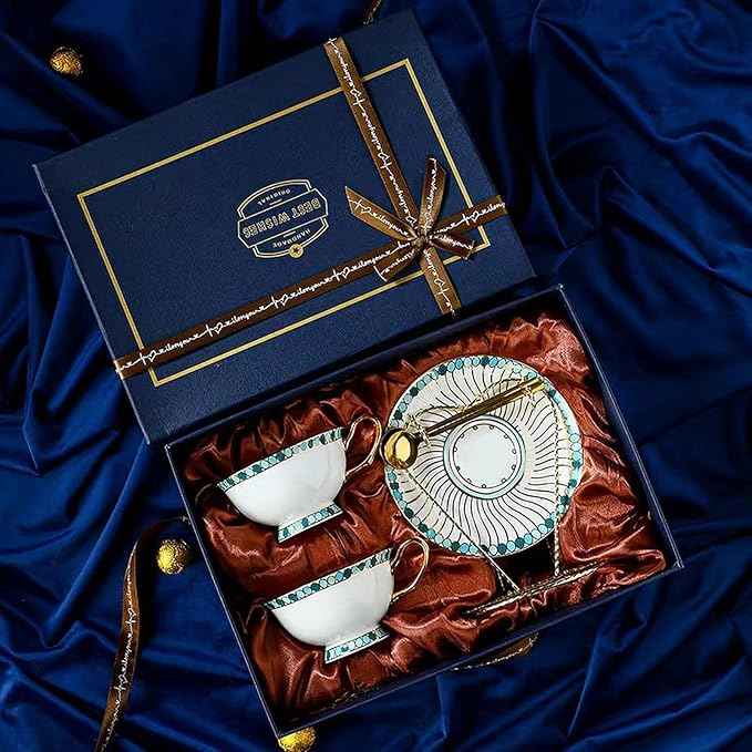 Chinese Bone China Coffee Tea Set, Retro Floral Tea Gift Set, Suitable for Christmas, Father'S Day, Birthday, Halloween Party Gifts (Sapphire 2 Cups)