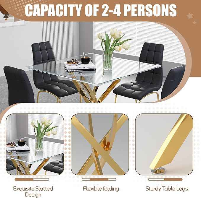 5 Piece Square Glass Dining Table Set, Round Tempered Glass Kitchen Table for 4, Modern Table with 4 High-Back Upholstered Chairs for Kitchen Dining Room (Gold Legs, 4 Black Chairs)