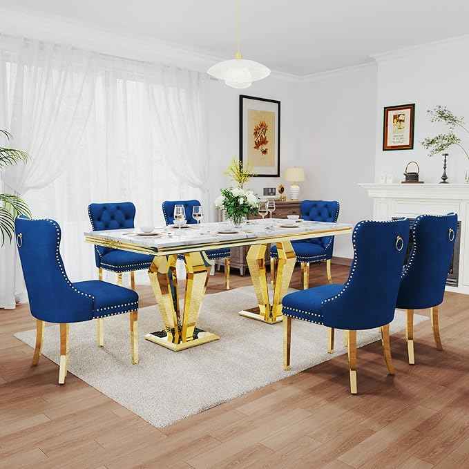 7 Piece Luxury Dining Room Set, Modern Dining Table and Upholstered Chairs Set, Marble Kitchen Table Set for 6, Big Kitchen Dinner Tables Kit with Silver Base