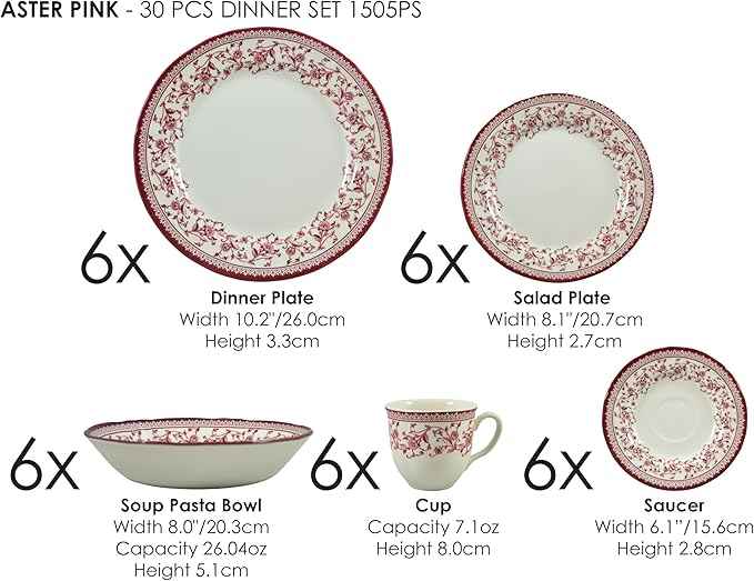 Tudor Royal Collection 30 Piece Round Dinnerware Set, Service for 6, Aster Pink Design, Red Floral, Plates Bowls Saucers Mugs Dishes, High Gloss Premium Quality