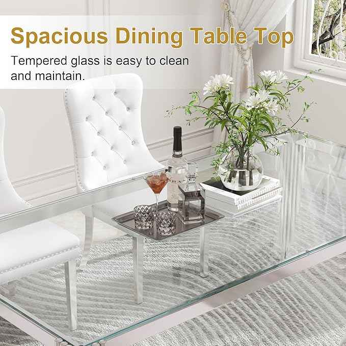 78'' Modern Glass Dining Table for 6-8 People,Tempered Glass Top Dining Room Table with Stainless Steel Base, Glass and Silver Dining Table for 6, Rectangle Dining Kitchen Table for Dinner