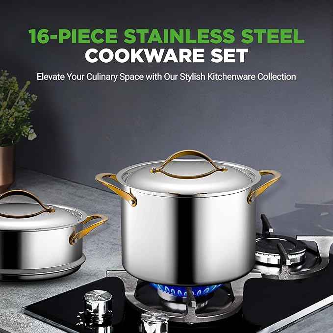 NutriChef 16 Piece Stainless Steel Cookware Set, Induction Cookware with Golden Handles - Non Stick Pots and Pans Set with lids and Utensils - PFOA/PFOS Free, Oven Safe, & Easy to Clean