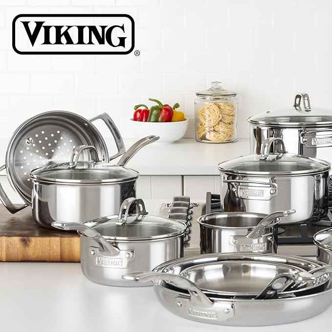 Viking 3-Ply Pots and Pans Set, 17 Piece Stainless Steel Cookware Glass Lids, Steamer Insert, Silver