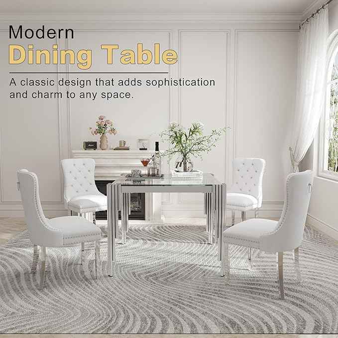 35'' Modern Square Glass Dining Table for 4 People,Tempered Glass Top Dining Room Table with Stainless Steel Base, Glass and Silver Dining Table for 4, Rectangle Dining Kitchen Table for Dinner