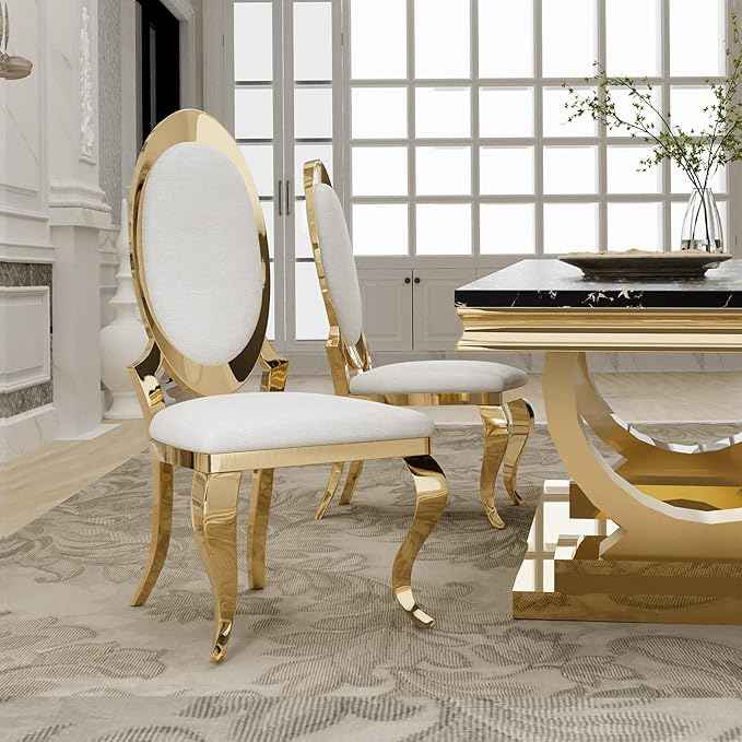 Modern Dining Chairs Set of 2, Luxury Faux Leather Upholstered Armless Dining Room Chair with Mirrored Stainless Steel Gold Legs, Mid Century Accent for Wedding Party Banquet Reception, White