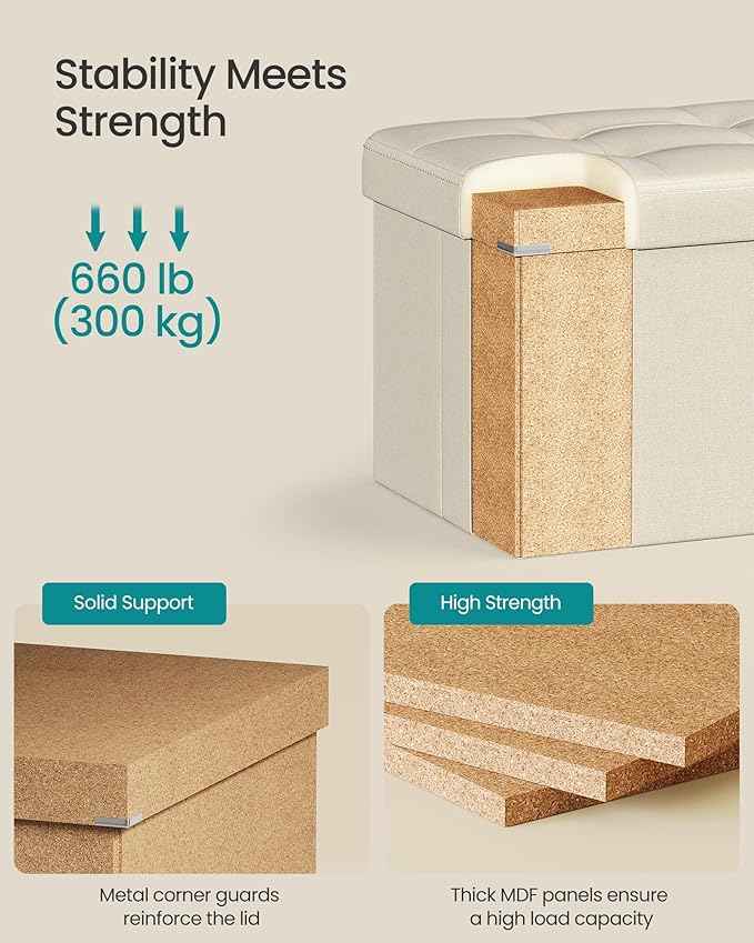 SONGMICS MAZIE Collection - 30 Inches Folding Storage Ottoman Bench, Ottoman Foot Rest, End of Bed Bench, Storage Chest, Load 660 lb, for Living Room, Bedroom, Entryway, Cream White ULSF47BE