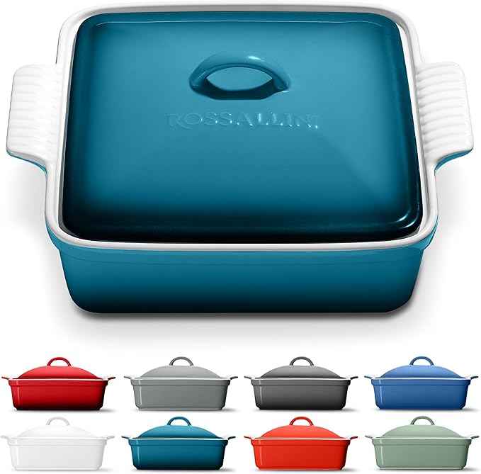 Stoneware Casserole Dish Bakeware with Lid | Covered Square Dinnerware | Medium 2 Quart, [Ocean Blue]
