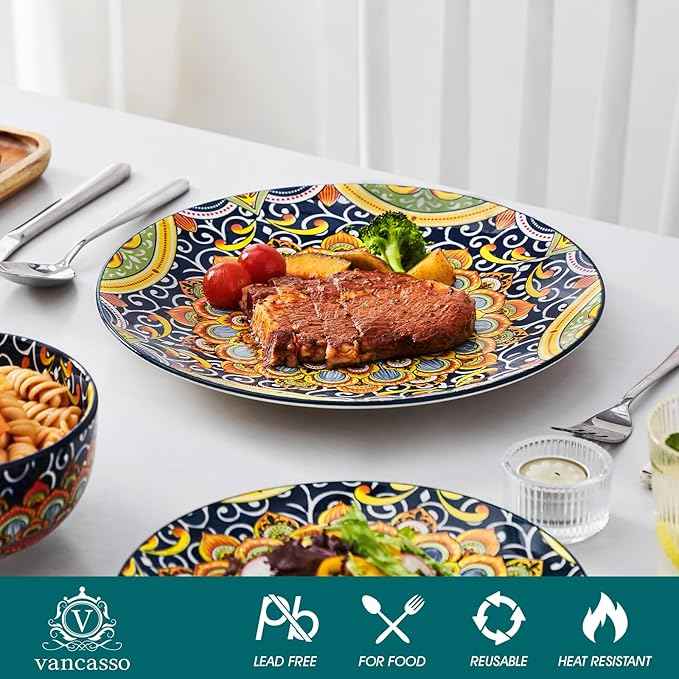 vancasso 12 Pieces Dinnerware Sets, Dark Green Plates and Bowls Set, Porcelain Dishes Set for 4, Microwave and Dishwasher Safe, Scratch Resistant, Bohemian Style Dining Ware Service for 4, Series SIMI