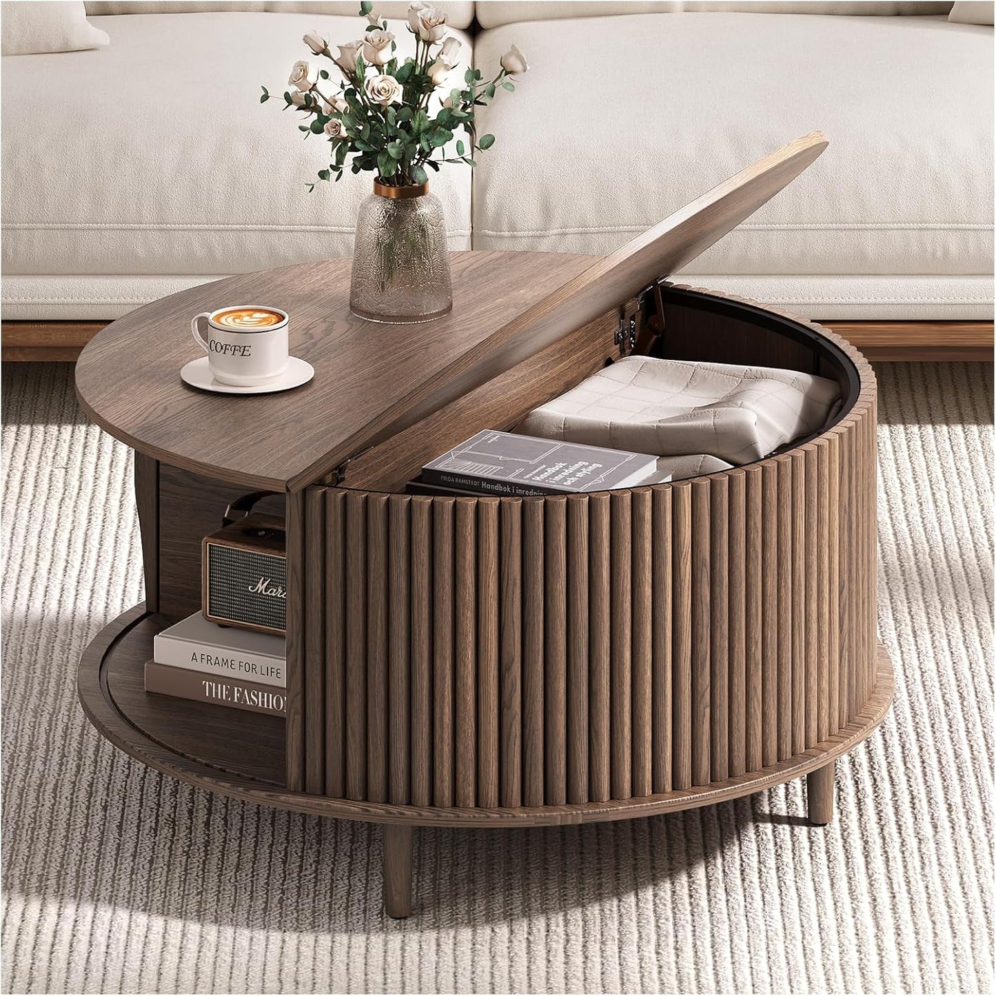Round Coffee Table with Storage,31.5" Mid Century Modern Coffee Table with Hidden Compartment,Fluted Center Table for Living Room,Home Small Space,Walnut