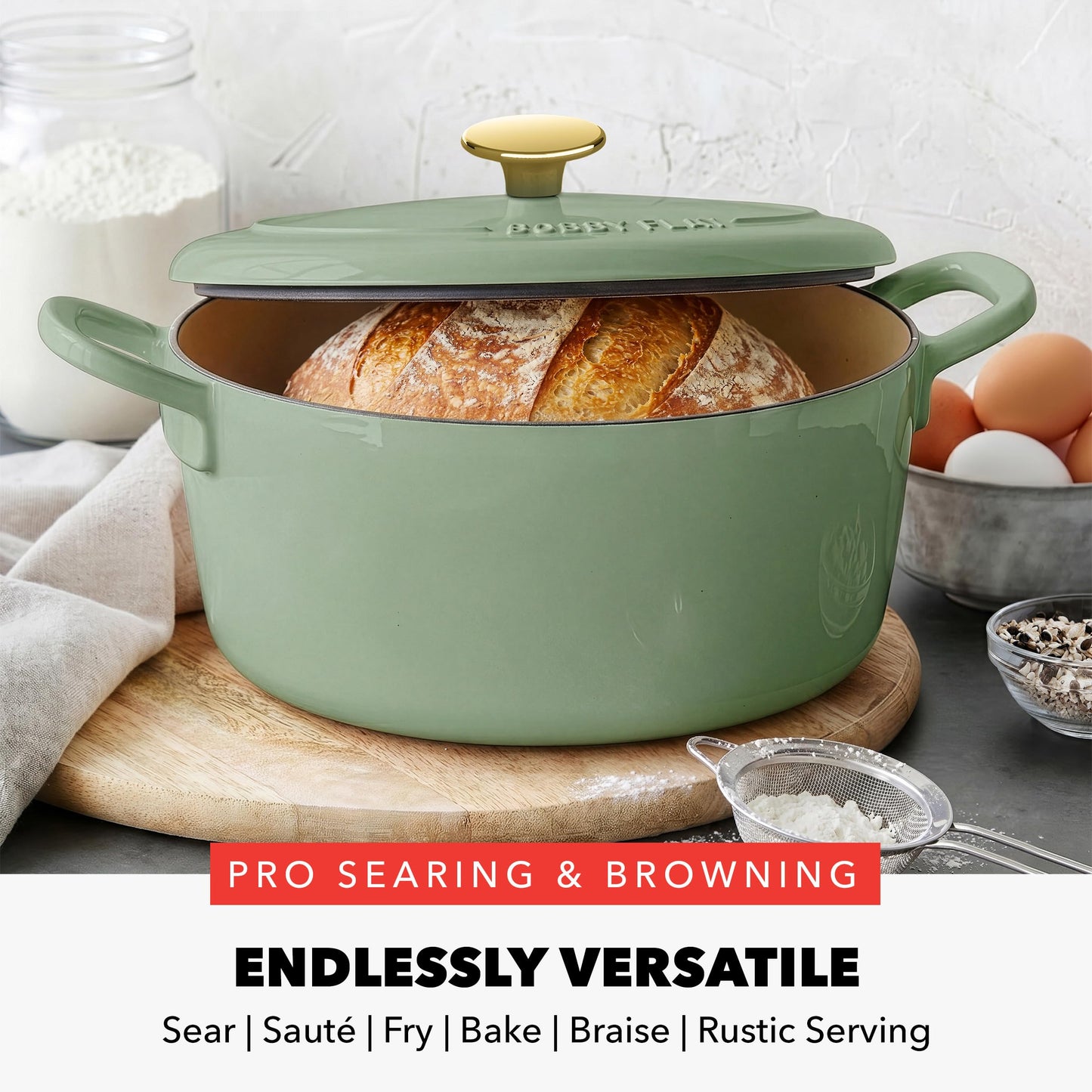 x Bobby Flay 5.5QT Enameled Cast Iron Dutch Oven With Lid (5.5QT Dutch Oven / Olive Green)
