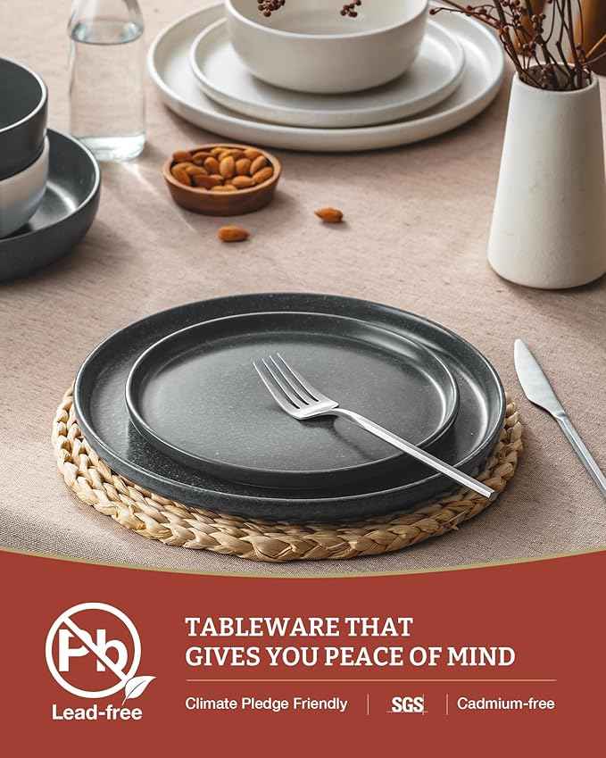 Famiware Milkyway Plates and Bowls Sets, 12 Pieces Dinnerware Sets, Reactive Glaze Dish Set, Stoneware Dishes Set for 4, Matte Beige White & Matte Dark Charcoal