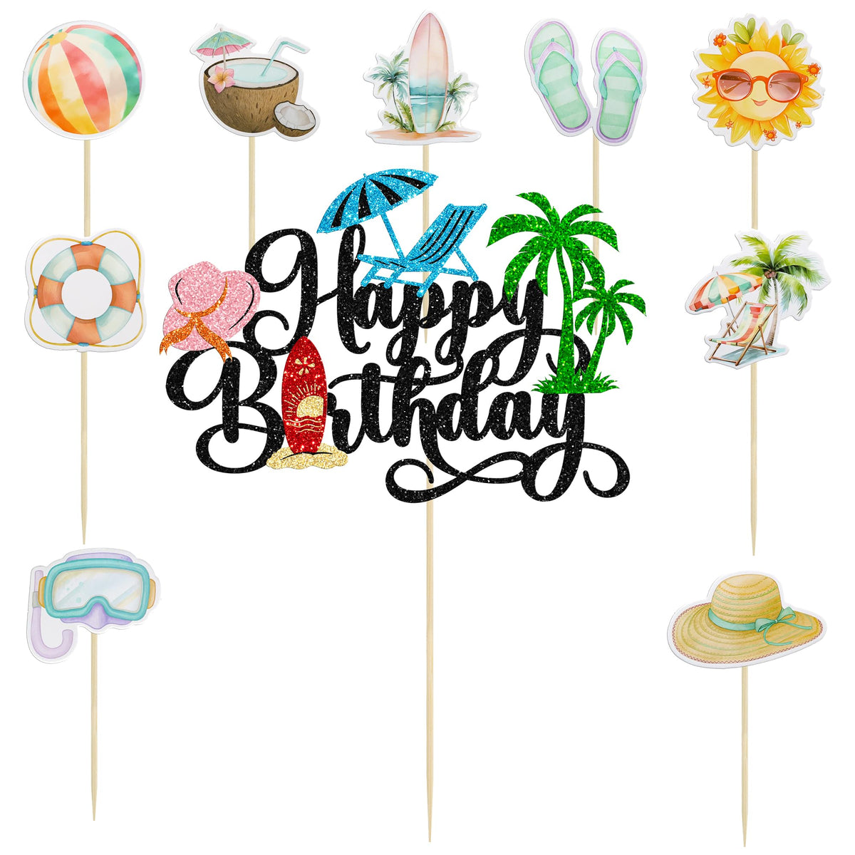 37Pcs Summer Beach Pool Cupcake Toppers Glitter Beach Happy Birthday Cake Topper Ball Sun Umbrella Water Gun Cupcake Picks for Tropical Hawaii Theme Birthday Party Decorations Supplies Black (Black 3)