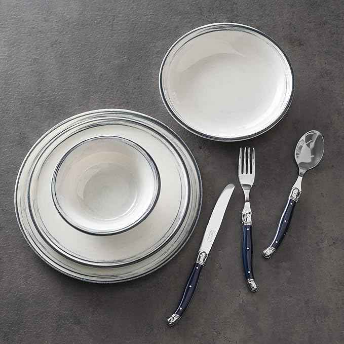 French Home 12-Piece Dinnerware Set – Water's Edge Porcelain Plates and Bowls – Elegant, Lead-Free Stoneware Set for Everyday Use