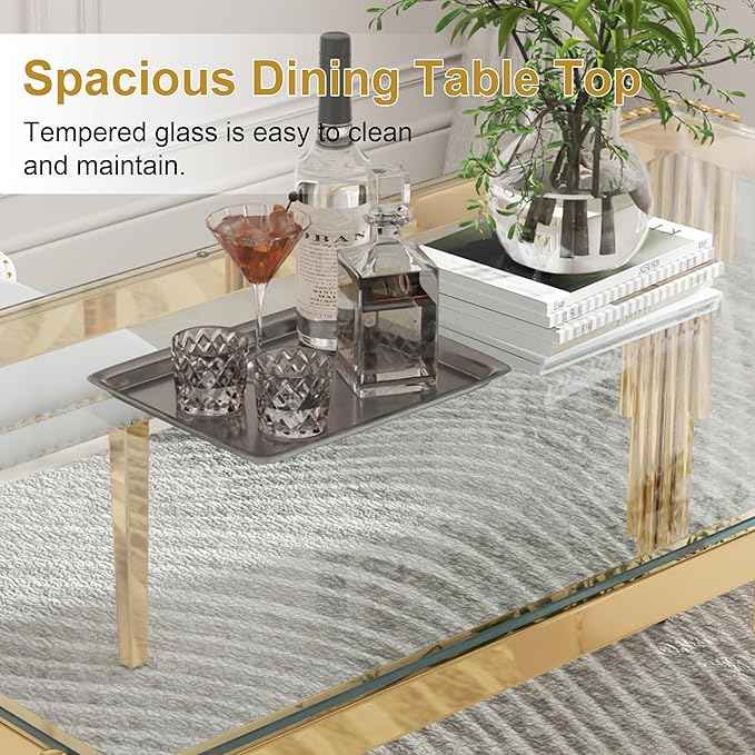 63'' Modern Glass Dining Table for 4-6 People,Tempered Glass Top Dining Room Table with Stainless Steel Base, Glass and Gold Dining Table for 6, Rectangle Dining Kitchen Table for Dinner