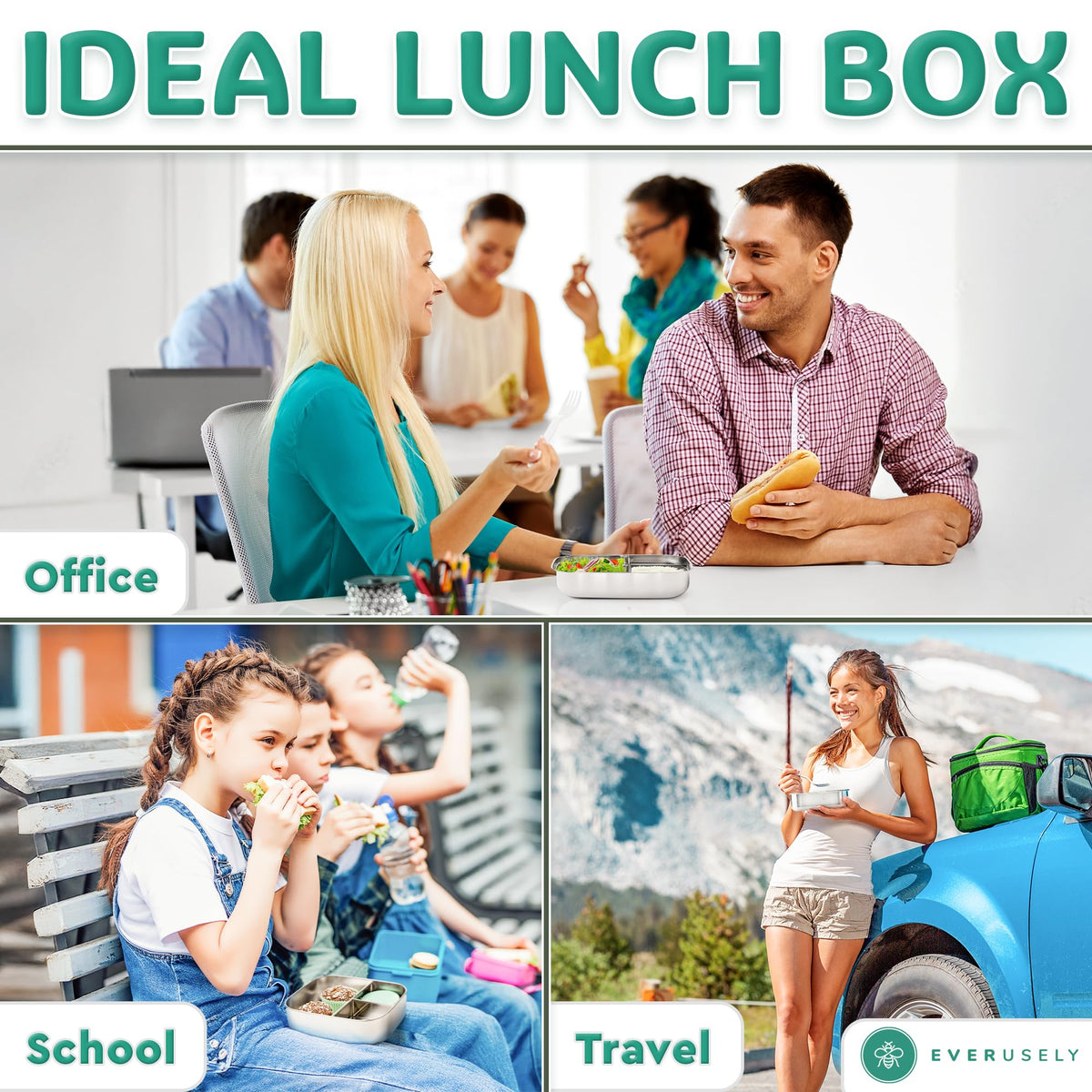Stainless Steel Bento Box + Condiment Container (Green / 37oz / 1100ml)