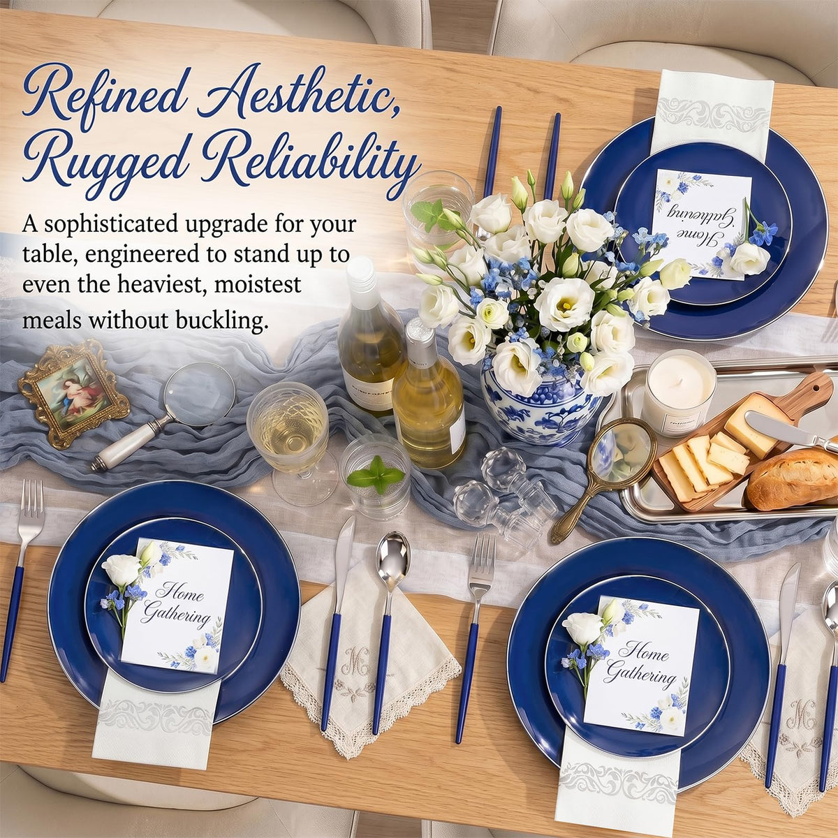 175Pcs Blue Plastic Plates with Silver Rim & Disposable Silverware with Blue Handle & Silver (Blue and Gold / 175)