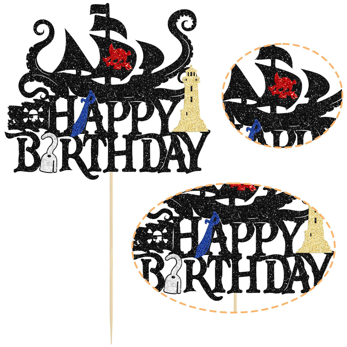 1Pcs Pirates Happy Birthday Cake Topper Pirate Ship Nautical Cake Pick for Pirates Theme Baby Shower Birthday Party Cake Decorations Supplies Gold (Gold 5)