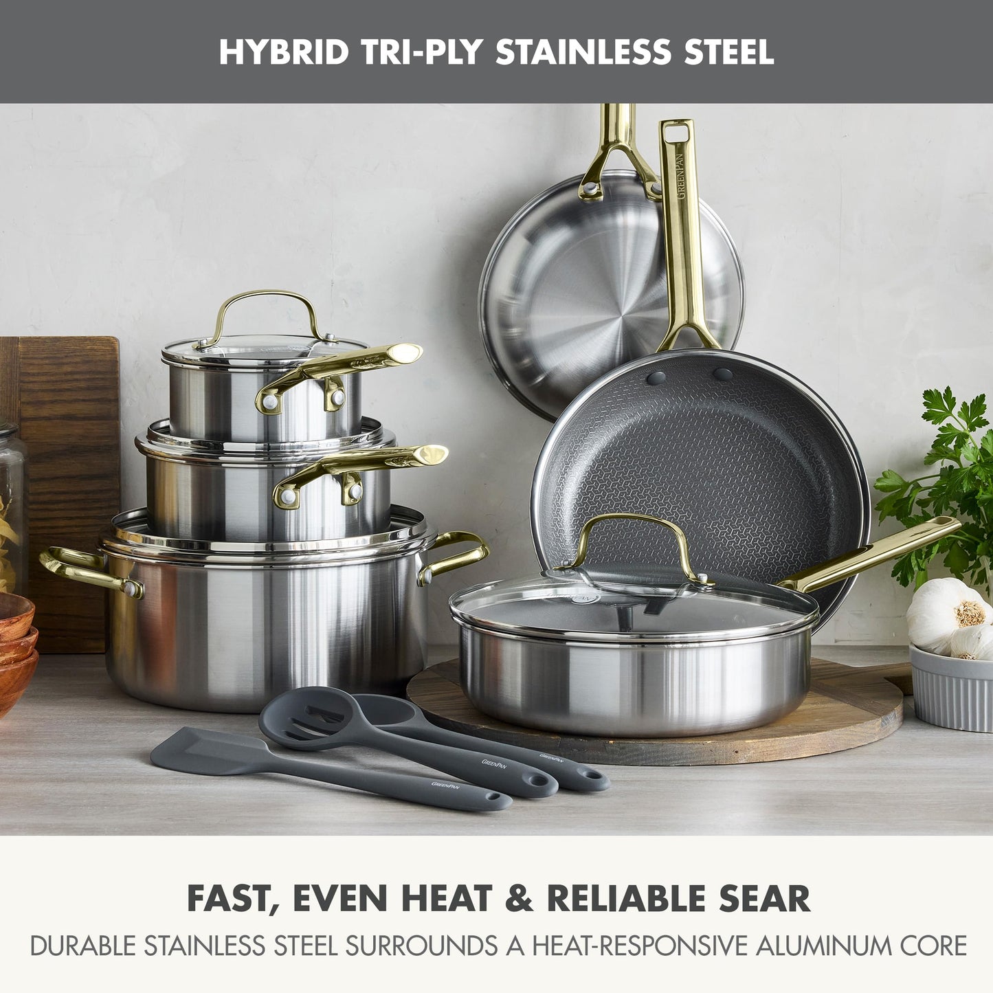 Hybrid APEX 13 Piece Stainless Steel Ceramic Nonstick Cookware Set (Gold)
