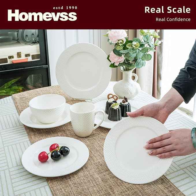 HomeVss, New Bone China Dinnerware Set, Embossed Rain Drops Design, 20pc Set