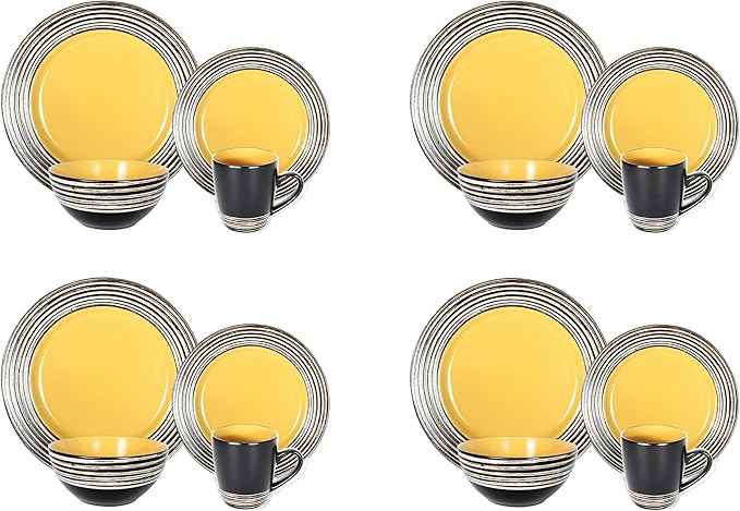 16 Piece Dinnerware Set, Ceramic Plates and Bowls Sets for 4, Microwave and Dishwasher Safe, Handcrafted Tree Bark Series Dish Set, Sunflower/Yellow