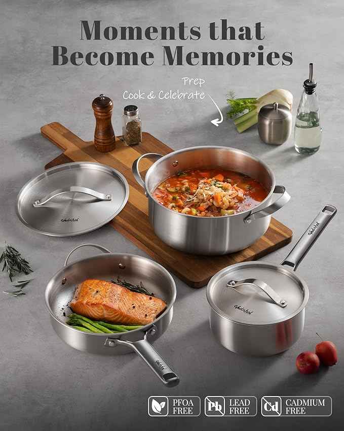 Stainless Steel Cookware Set, 14 Pcs Tir-Ply Pots and Pans Set, PFOA&PTFE Free, Dishwasher&Oven Safe, Kitchen Induction Compatible, ollas de acero inoxidable para cocinar