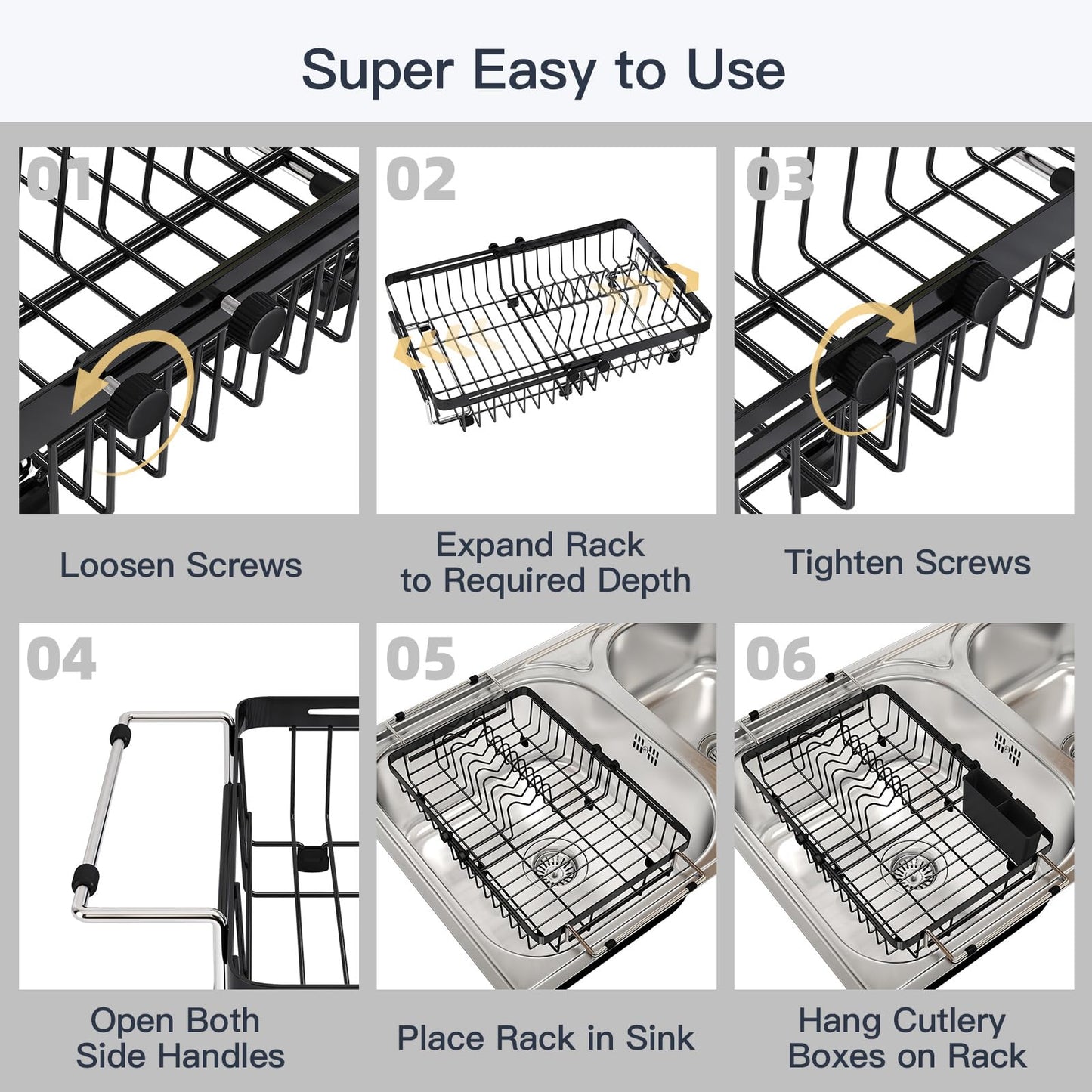Expandable Dish Drying Rack Over The Sink with Anti Slip Grip (Black / For 13-30" W Sink)
