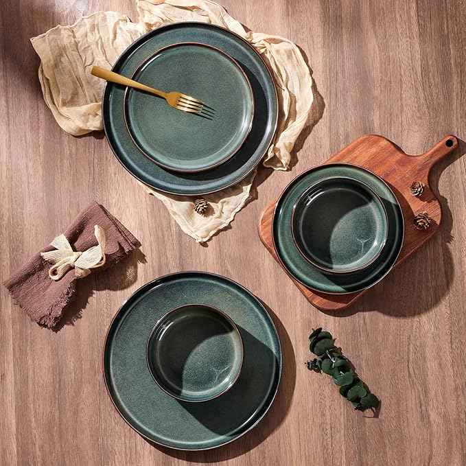 E-far Dinnerware Sets for 8, 24-Piece Stoneware Plates and Bowls Set, Ceramic Dishes Reactive Glaze Dinning Ware, Microwave & Dishwasher Safe - Obsidian Green