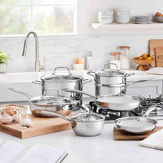 Amazon Basics Stainless Steel Cookware 11-Piece Set, Oven Safe, Induction-Ready, Even Heating, Non Toxic, Stay-Cool Handles, Pots and Pans, All Stovetops, Glass Lids, Silver